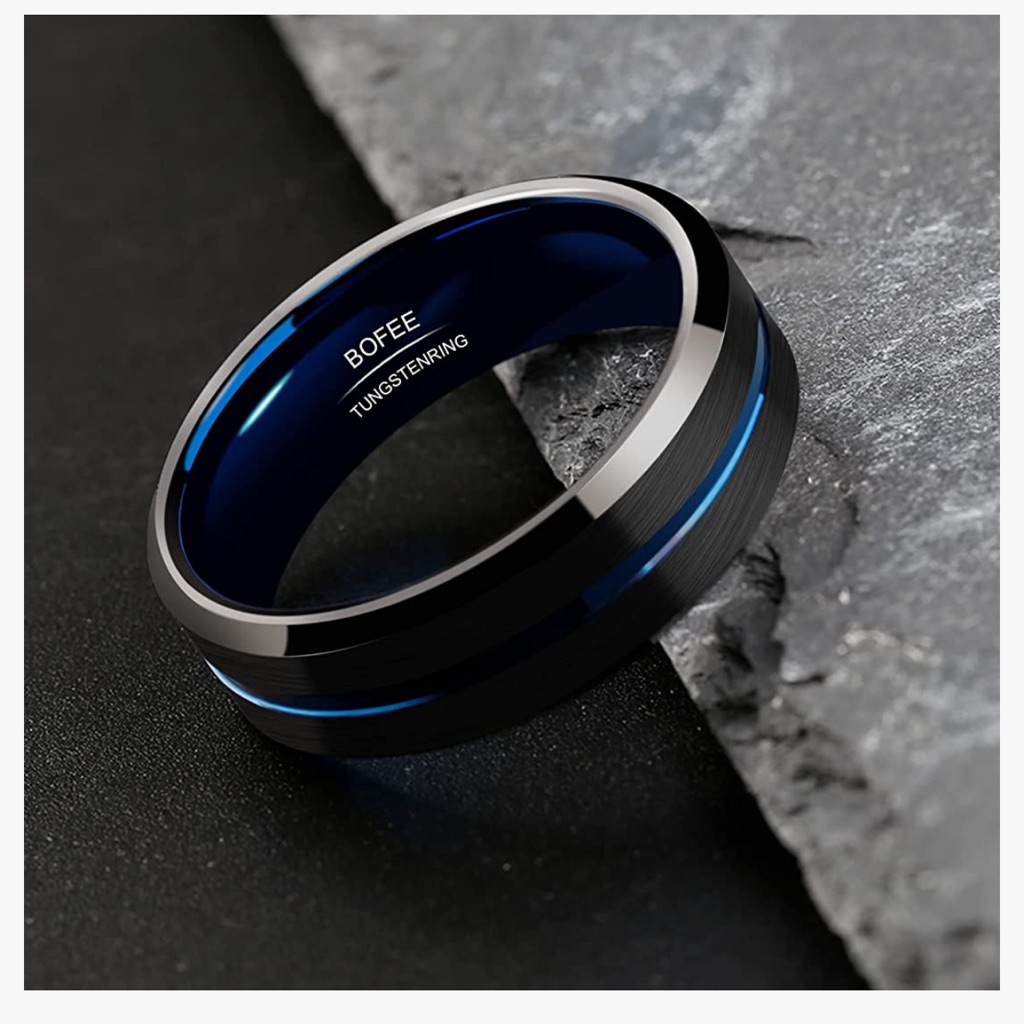 Classic 8mm Width Tungsten Carbide Wedding Band Ring Grooved Center BlueSilver